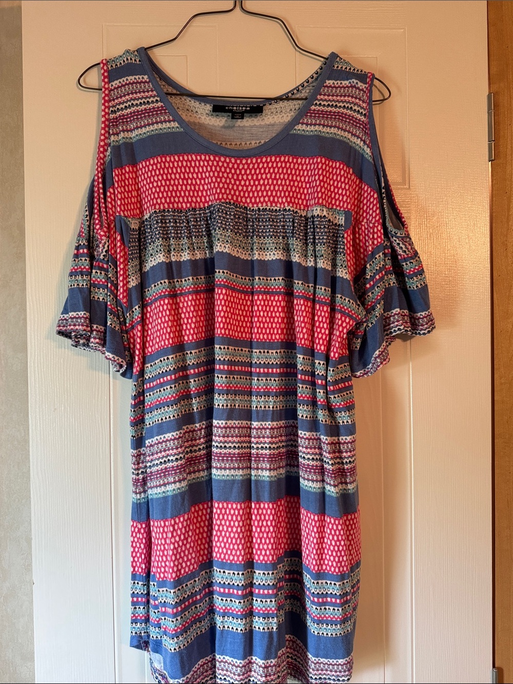 Cold-Shoulder Stripe Knit Top in Blue and Pink